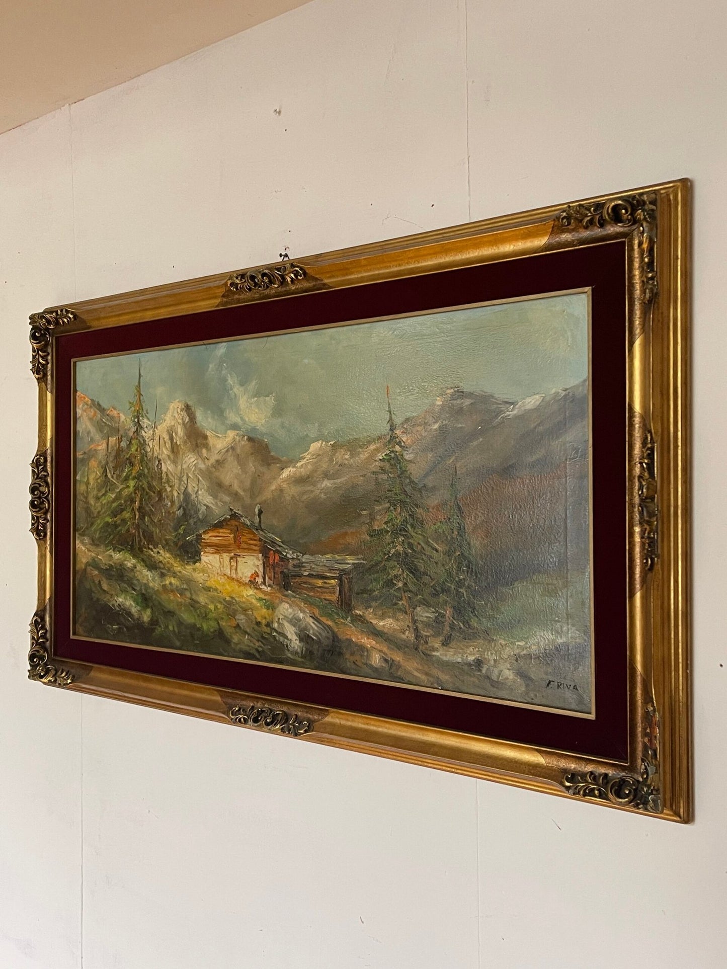 Quadro Paesaggio Alpino – Dipinto a Olio su Tela con Cornice Dorata Firmato: F. Riva