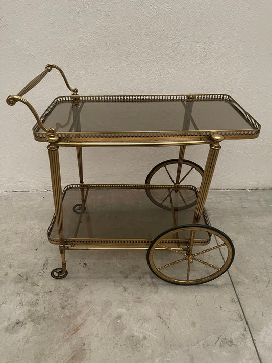 Carrello da tè vintage in ottone con ruote grandi - stile francese