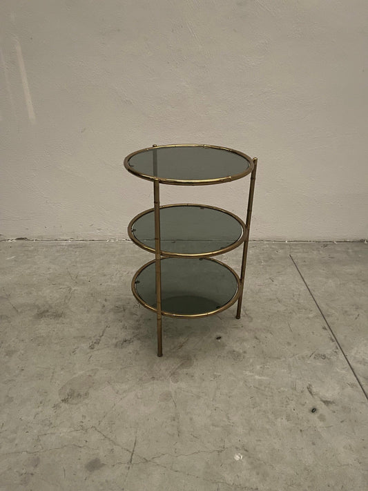 Carrello di Servizio a Tre Piani in Ottone e Vetro Fumé