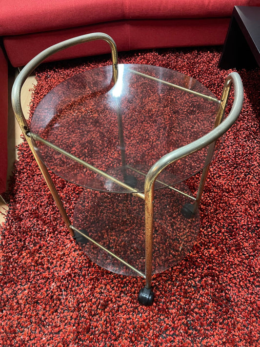 Carrello rotondo da bar o servizio Ottone e vetro - Design anni '70
