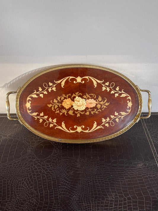 Vassoio Vintage in Legno Intarsiato con Motivo Floreale e Cornice in Ottone