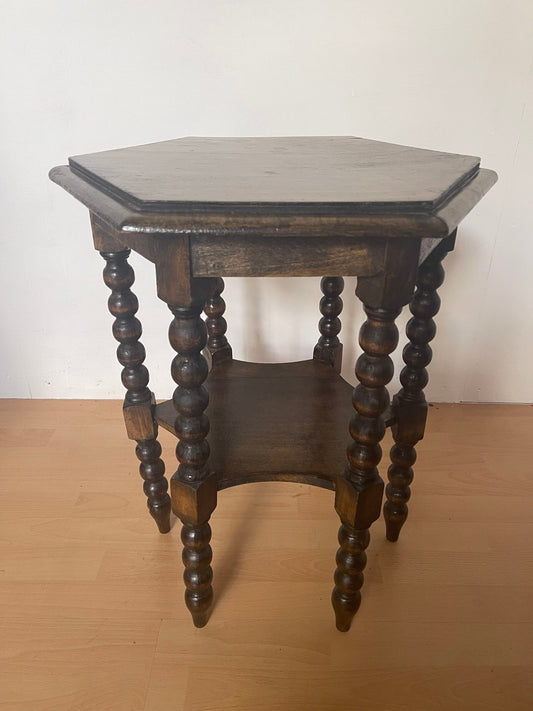 Tavolino Esagonale a Colonnine Tornite in Legno Massello