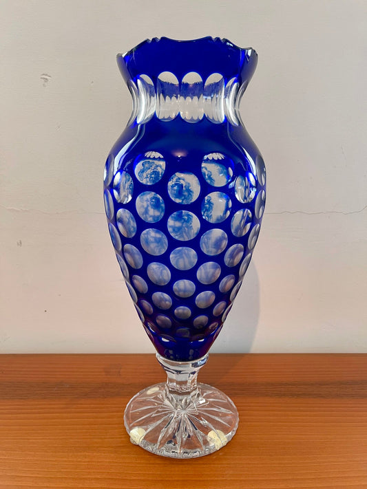 Vaso Artistico in cristallo Blu con Decori Incisi, italia anni '70