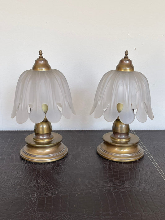 Coppia di lampade vintage in Vetro Satinato e Metallo Dorato