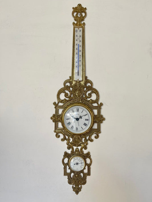 orologio da parete barometrico vintage in stile Luigi XVI con termometro - Cornice in ottone dorato