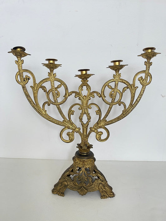 Candelabro Barocco a 5 Fiamme in Ottone Dorato - Stile Antico