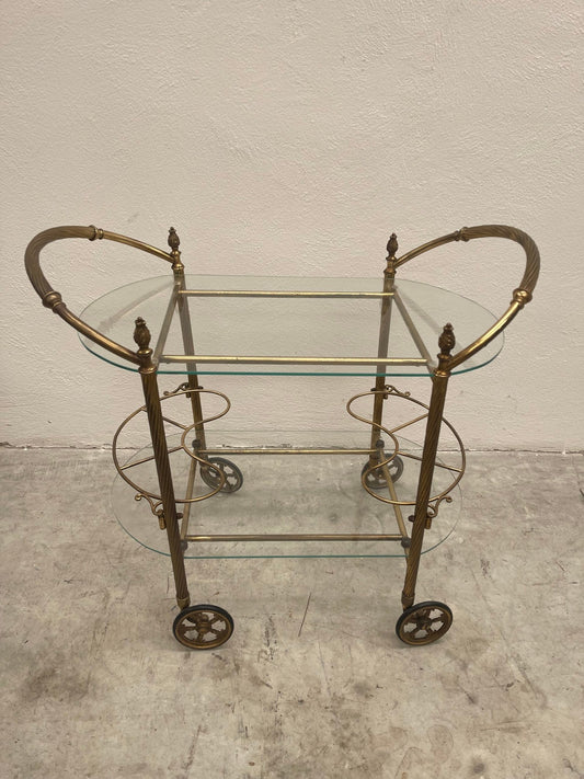 Carrello da tè/bar in ottone e vetro, stile vintage anni '50
