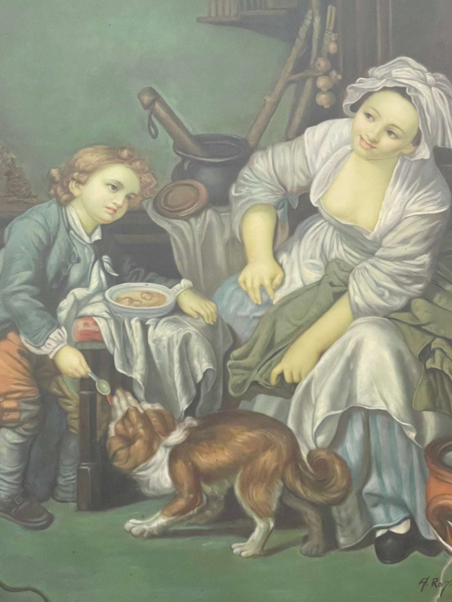 Raffinato Dipinto a Olio – Scena di Genere con Fanciulli e Gatto