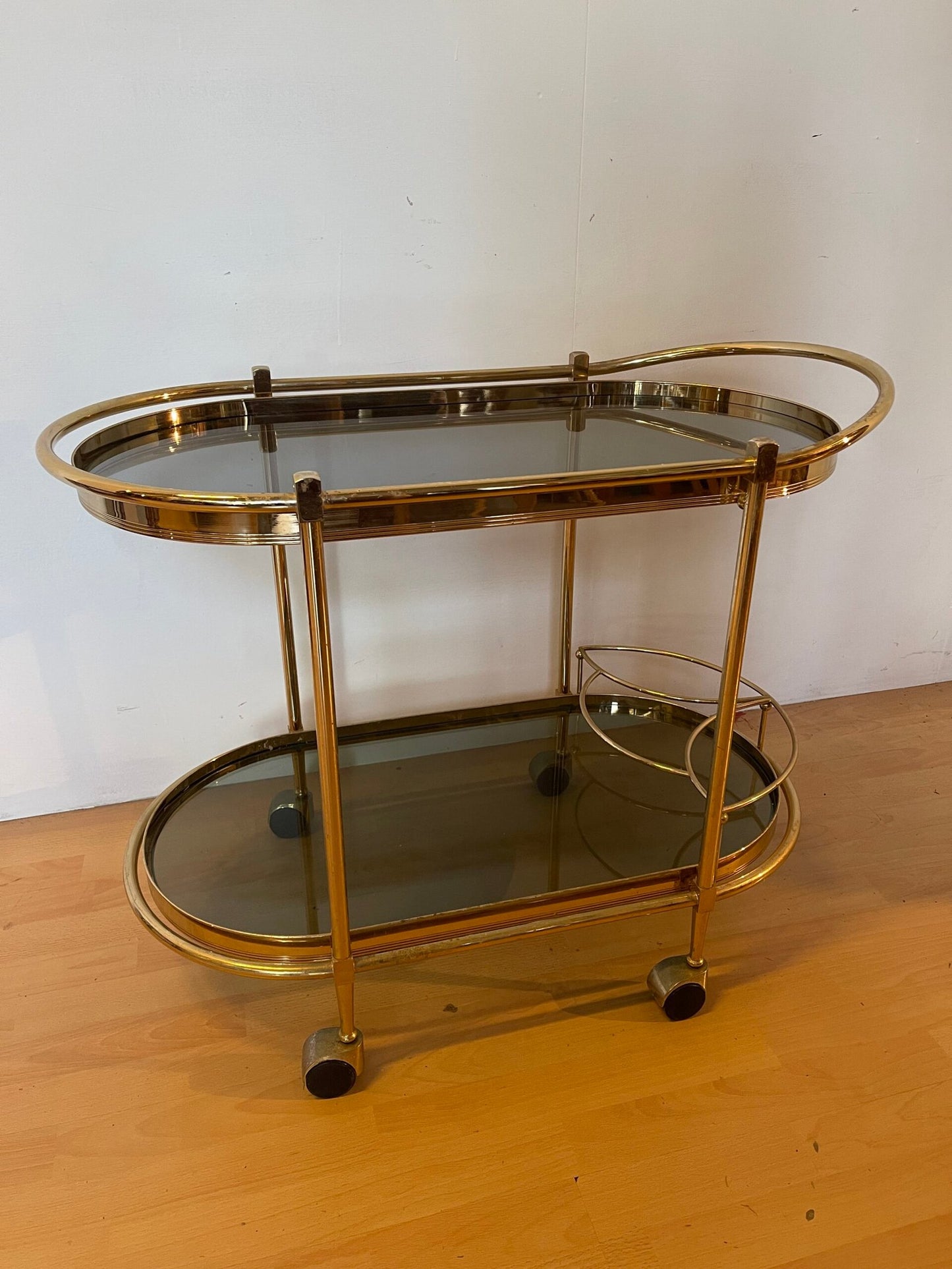Carrello Bar vintage in Ottone - Design Ovale con Vetro Fumé