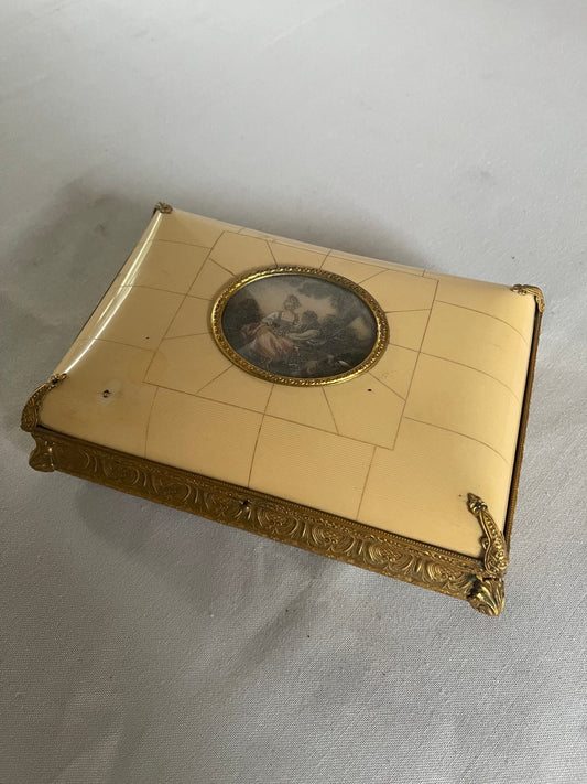 Scatola da Gioielli/Preziosi in Osso e Bronzo Dorato con Miniatura