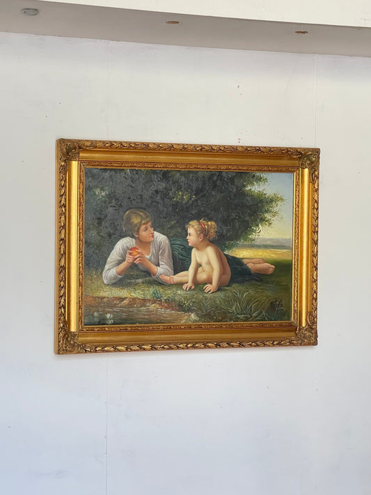 Quadro Vintage "Madre e Figlia nel Giardino" – Olio su Tela con Cornice Dorata Intagliata – Firmato