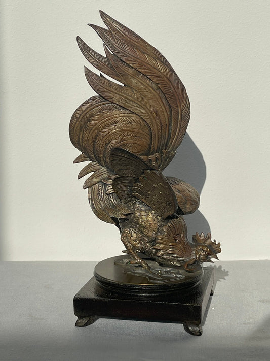 Scultura in Bronzo di Gallo da Combattimento su Base in Legno