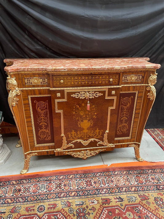 Credenza con Intarsi e Bronzi Dorati, Piano in Marmo