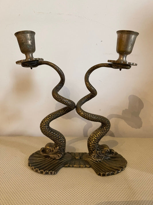 Candelabro vintage in Bronzo con Design Serpenti Intrecciati