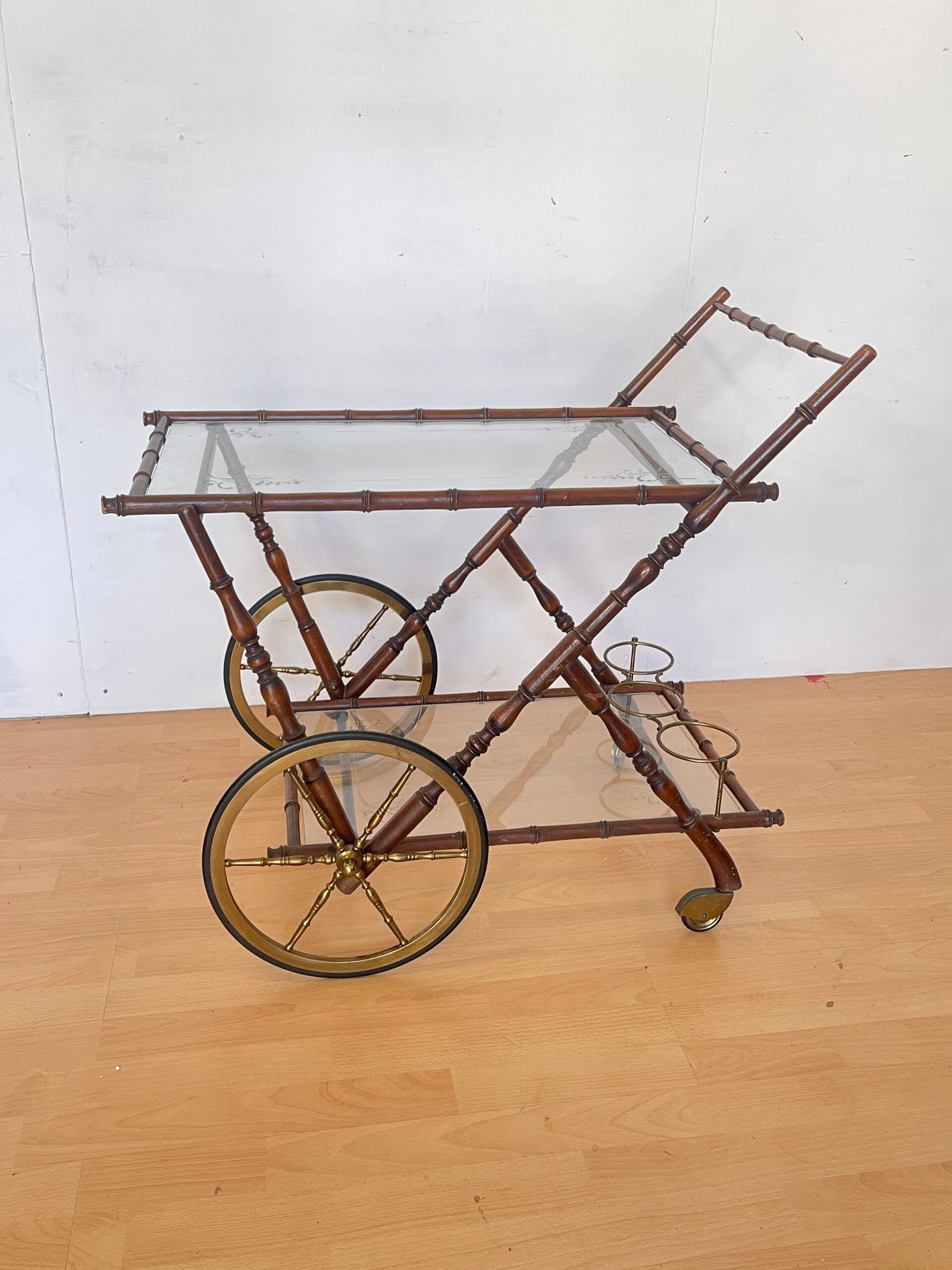 Carrello Bar vintage in stile bambù - Anni '50, Vetro e Ottone