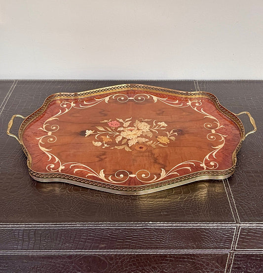 Vassoio Vintage in Legno Intarsiato con Motivo Floreale e Cornice in Ottone.