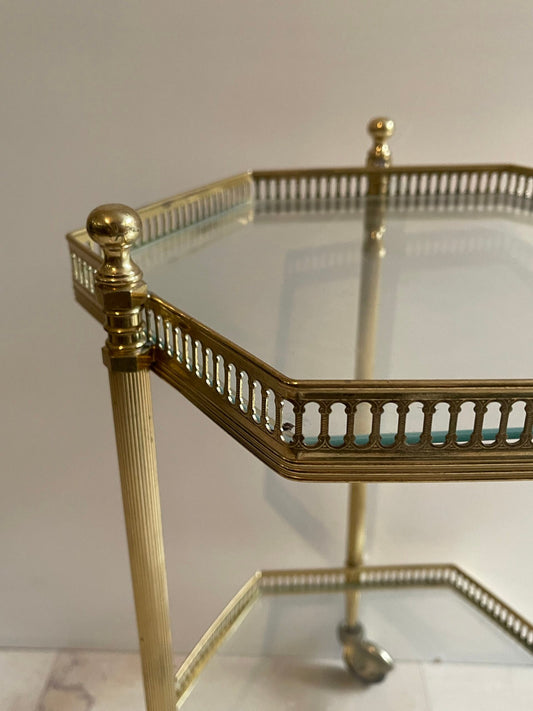 Carrello bar in stile vintage, con struttura in vetro e ottone dorato, con finitura lucida anni '80.