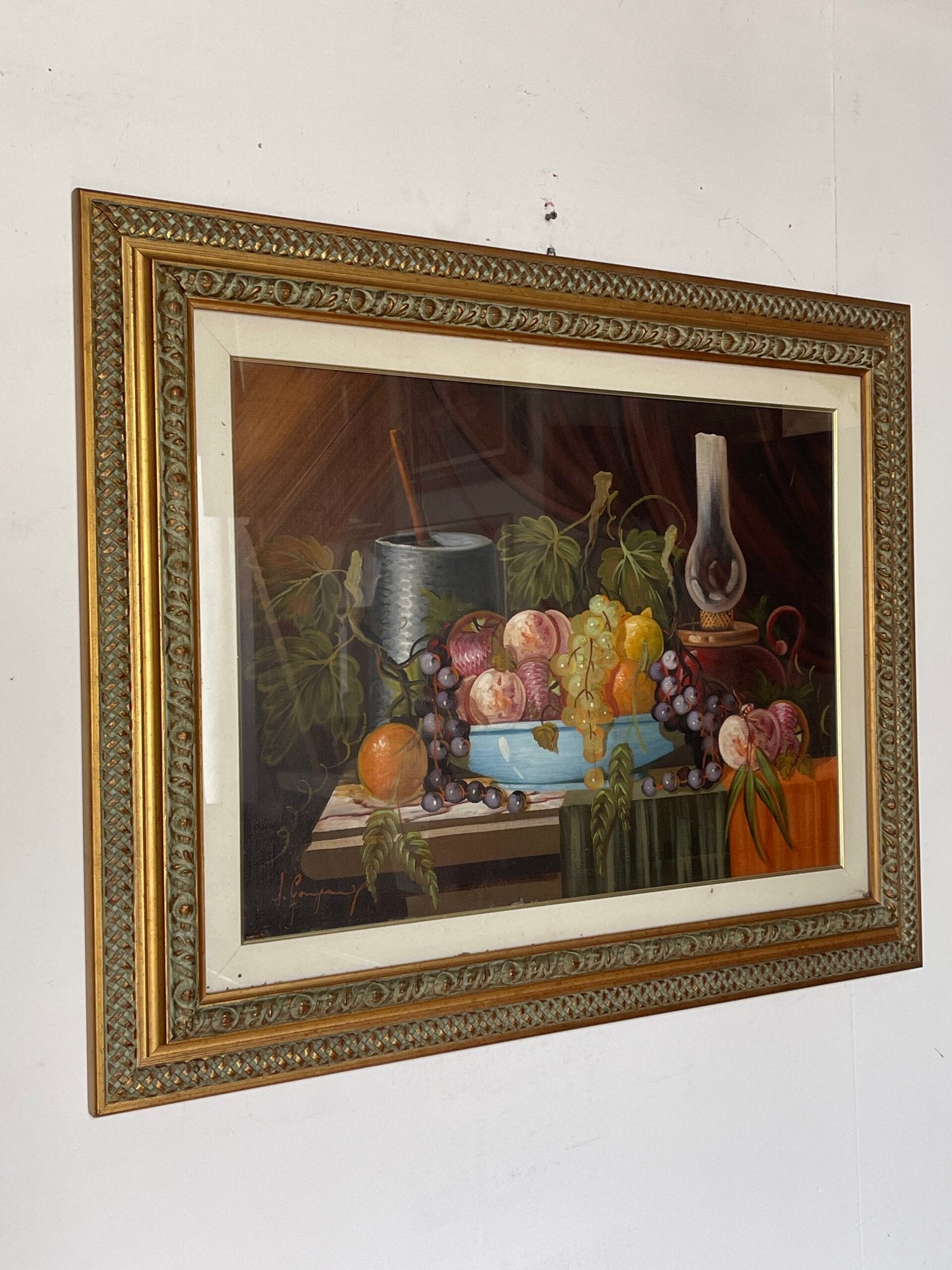 Quadro Natura Morta con Frutta e Oggetti d’Epoca – Cornice Dorata Antica