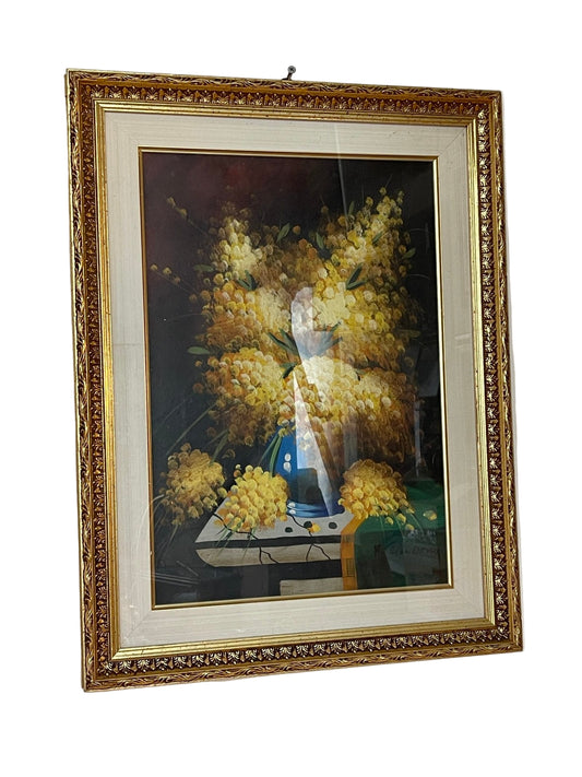 Dipinto a Olio “Mimose in Vaso” – Firmato F. Giordano, Cornice Dorata Antica