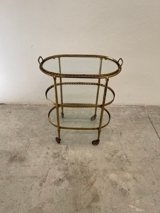 Carrello bar ovale a 3 piani in ottone e vetro vintage anni '60 italiano