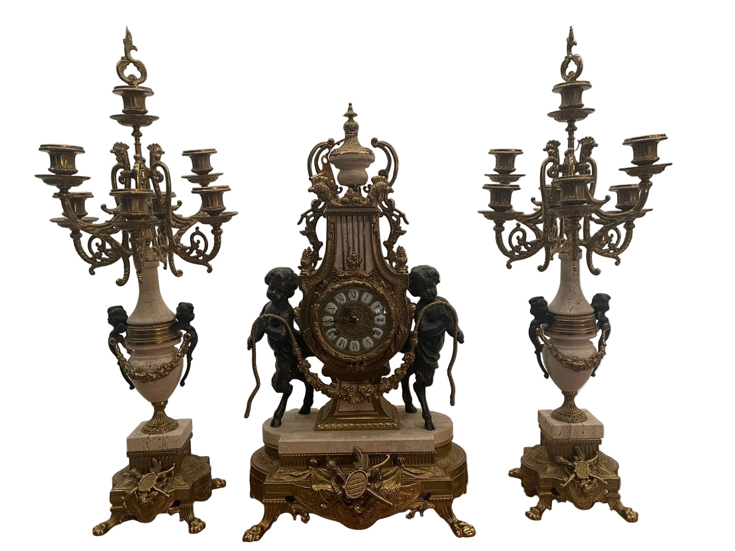 Maestoso Trittico da Camino a Bronzo Dorato e Marmo