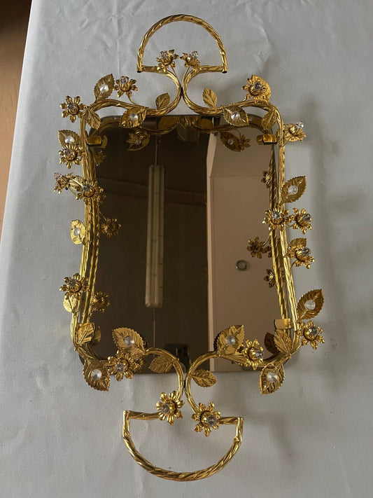 Specchiera Rettangolare in Metallo Dorato con Decorazioni Floreali e Cristalli