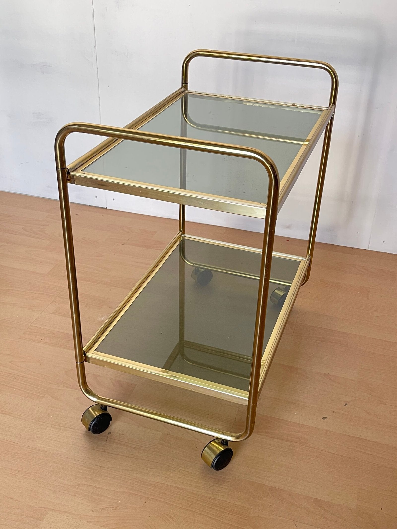 Carrello Bar vintage in Ottone e Vetro Fumé - Anni '70