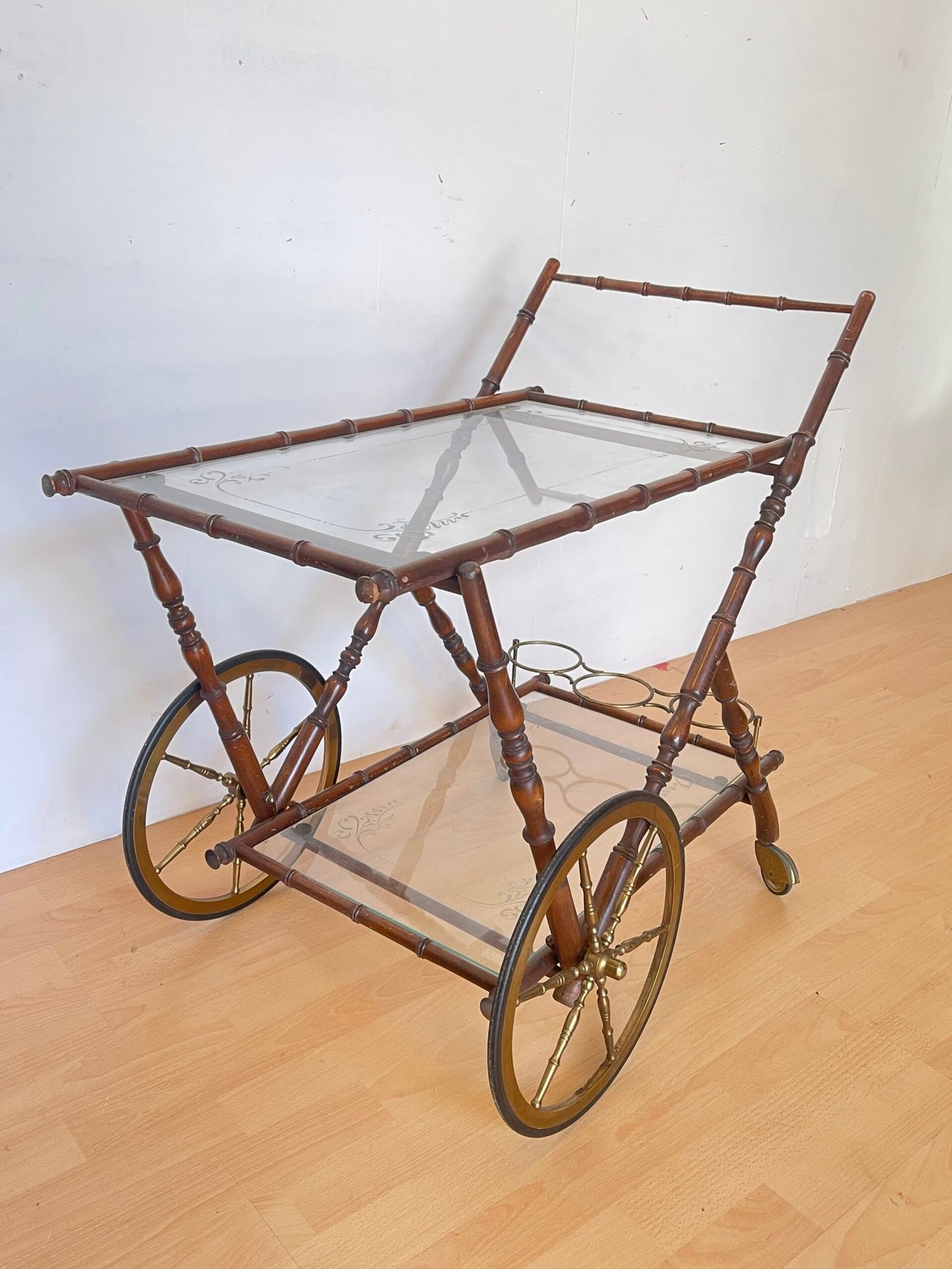 Carrello Bar vintage in stile bambù - Anni '50, Vetro e Ottone