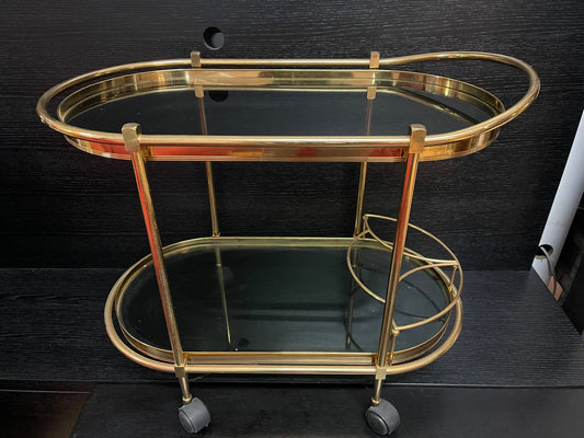 Carrello da bar/tè in ottone e vetro fumé - Stile Hollywood Regency