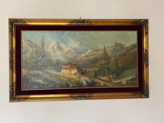 Quadro Paesaggio Alpino – Dipinto a Olio su Tela con Cornice Dorata Firmato: F. Riva