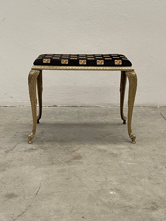 Sontuoso Sgabello in Stile Luigi XV Dorato e Tessuto Patchwork