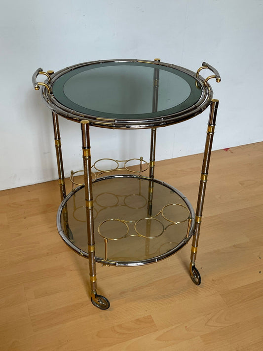 Carrello bar vintage in metallo ottonato e vetro fumé, Italia, anni '70