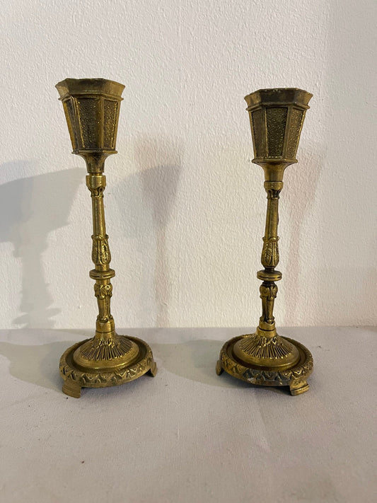 Coppia di Candelieri Antichi in Bronzo Dorato - Stile Neoclassico