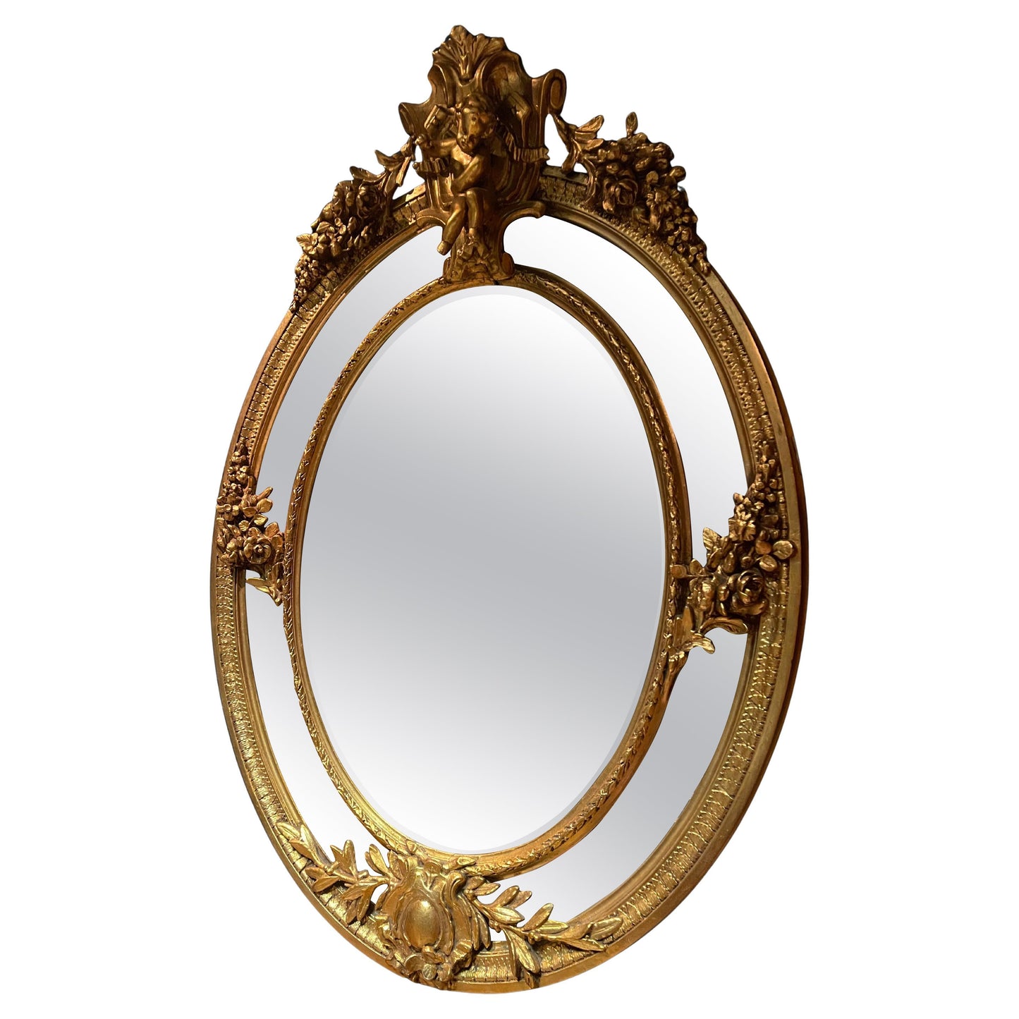 Antica specchiera dorata francese in foglia di oro del 800