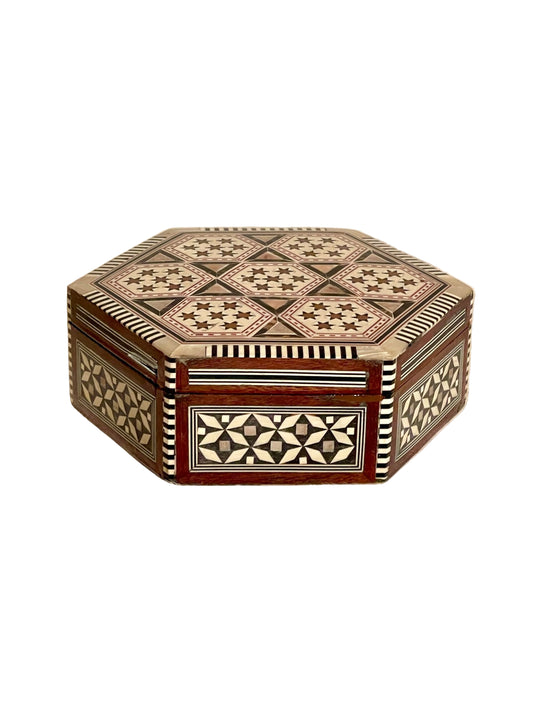 Cofanetto vintage esagonale Arabesque in legno con intarsi