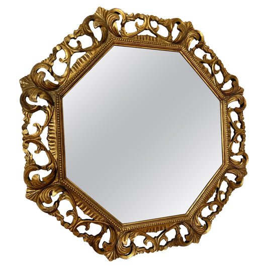 Specchi antico di forma ottagonale con cornice in legno dorato anni '50 francese