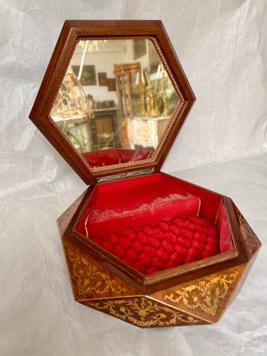 Cofanetto Esagonale in Legno Intarsiato con Specchio – Stile Antico