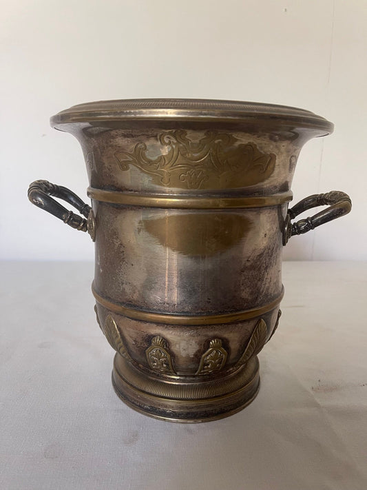 Secchiello da Ghiaccio/Vaso Decorativo in Argento Sheffield e Bronzo Patinato