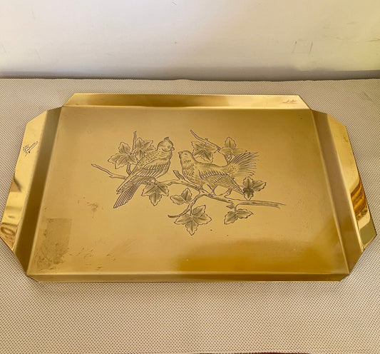 Elegante Vassoio in Ottone – Firmato HILK Amboss Austria – Vintage Decorato con Uccelli Incisi