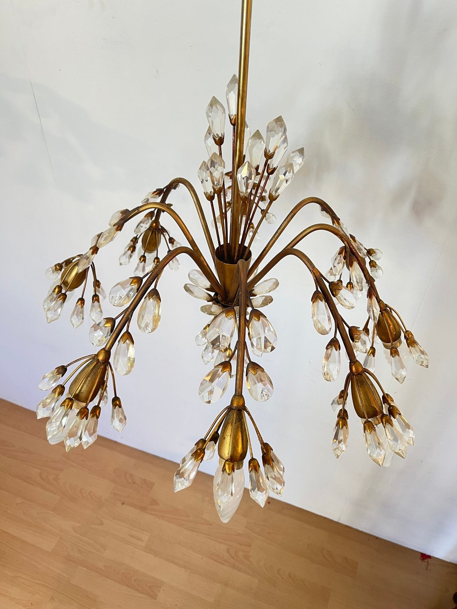 Lampario vintage in Ottone con Pendenti in Crystal «Fontana» Anni '60/'70