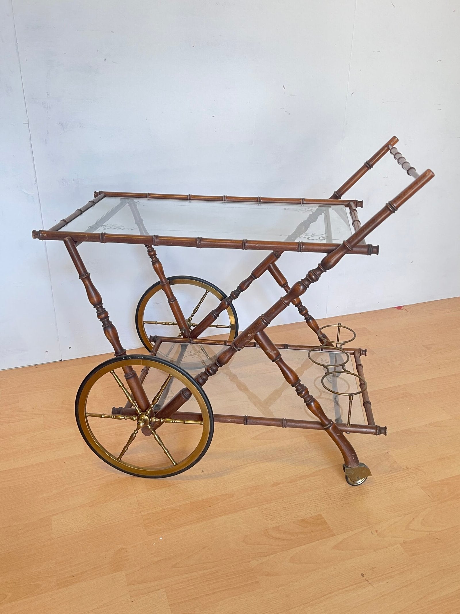 Carrello Bar vintage in stile bambù - Anni '50, Vetro e Ottone