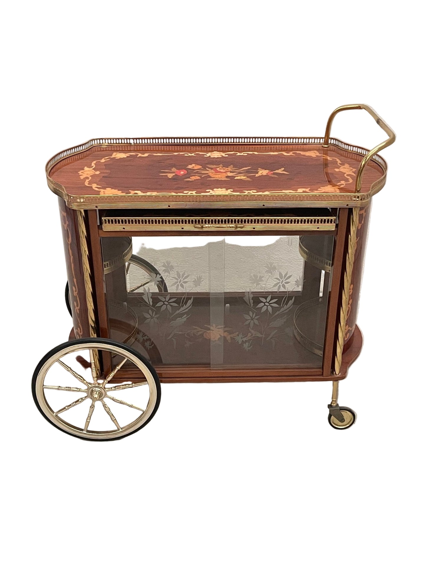 Carrello Bar d'Epoca con struttura in legno pregiato e intarsi floreale.