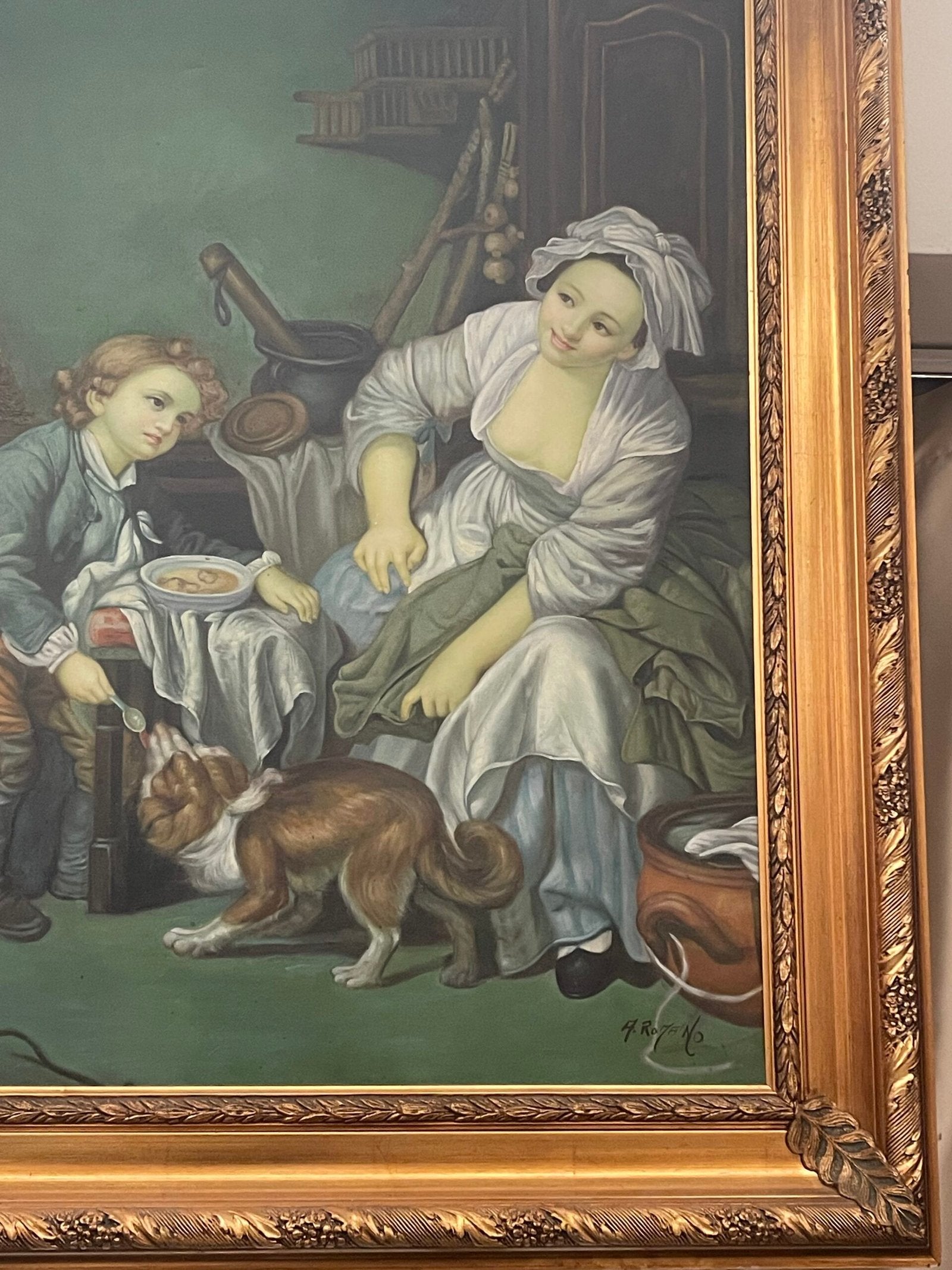 Raffinato Dipinto a Olio – Scena di Genere con Fanciulli e Gatto