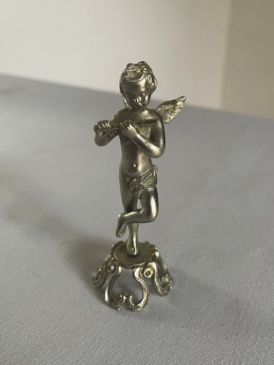Statuetta di Cupido/Angelo in Metallo Argentato con Flauto