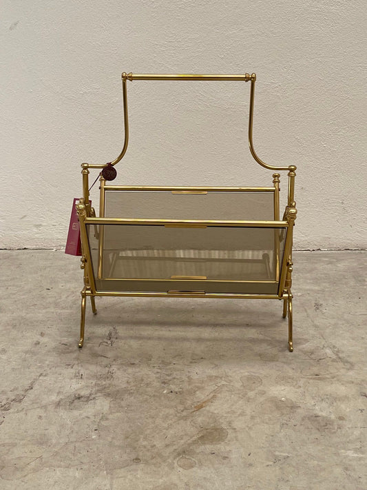 Portariviste vintage in ottone e vetro fumé – Design anni ’70