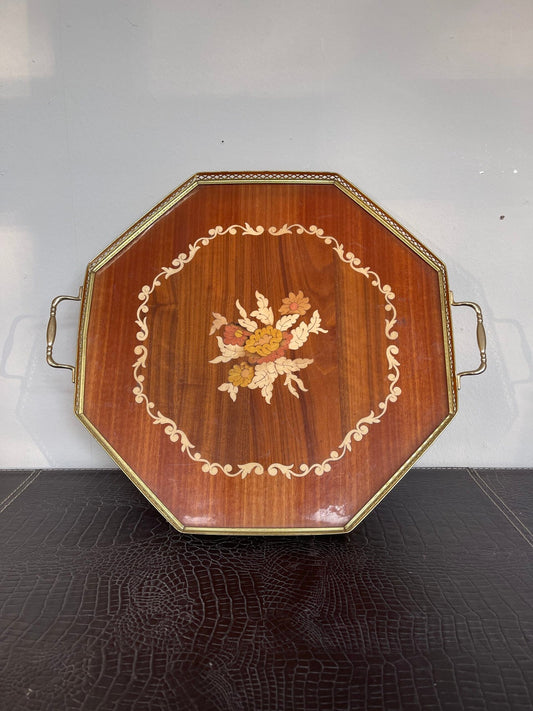 Vassoio Vintage in Legno Intarsiato con Motivo Floreale e Cornice in Ottone