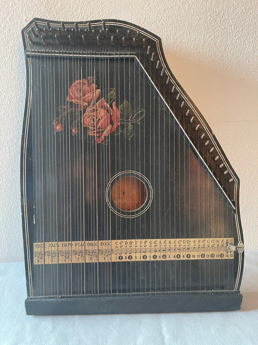 Zither Antico con Decorazioni Floreali Dipinte a Mano