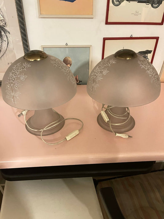 Coppia di lampade da tavolo "Fungo" in Vetro Satinato con Decori Floreali
