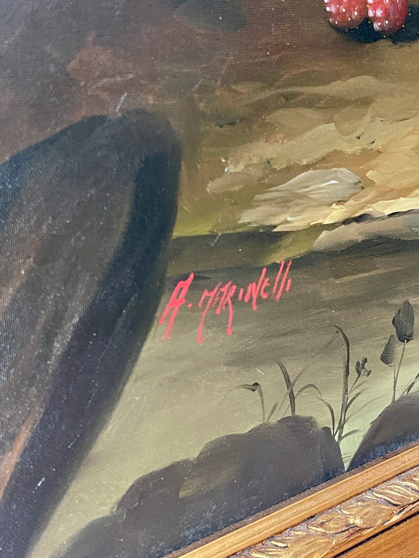 "Natura Morta con Frutta e Bottiglia" – Dipinto firmato A. Marinelli