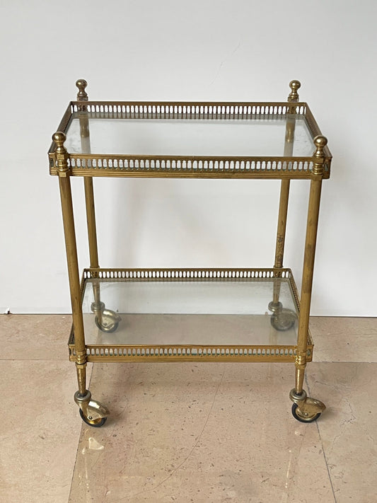 Carrello da bar in ottone dorato di design elegante italiano in struttura in ottone, finemente lavorata, anni 90